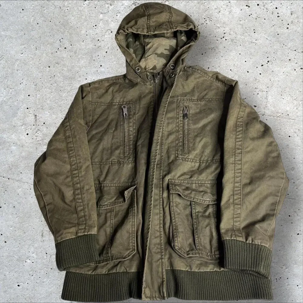 y2k Old Navy Military Jacket Hooded Green Lined  Full Zip Snap Pockets Size‎ L